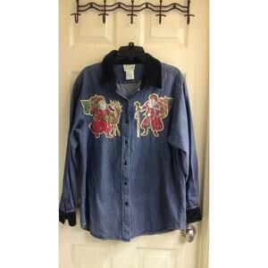 The Quaker Factory Blouse , Women's size large, Denim, Christmas Old St. Nick